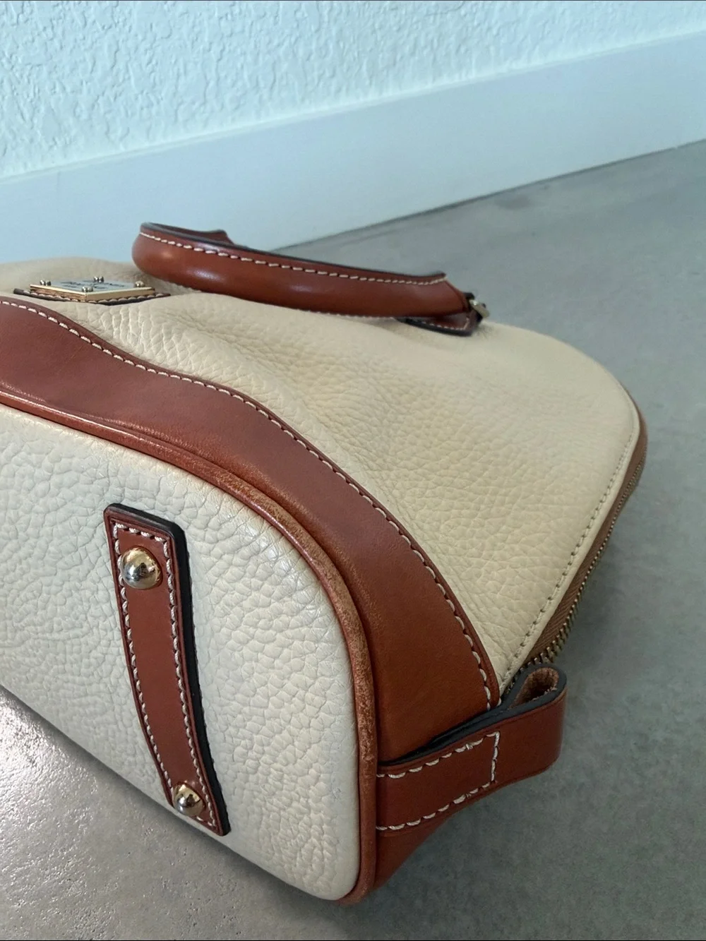 Dooney & Bourke Cream and Brown Pebbled Leather Satchel with Removable Strap